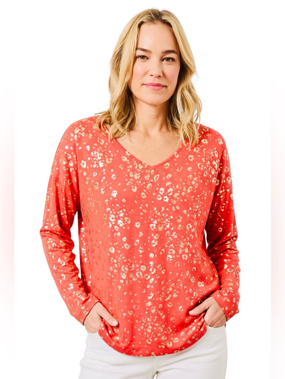 Chico's Touch of Cool Animal Foil Long Sleeve V-Neck Tee in Cactus Blossom Coral